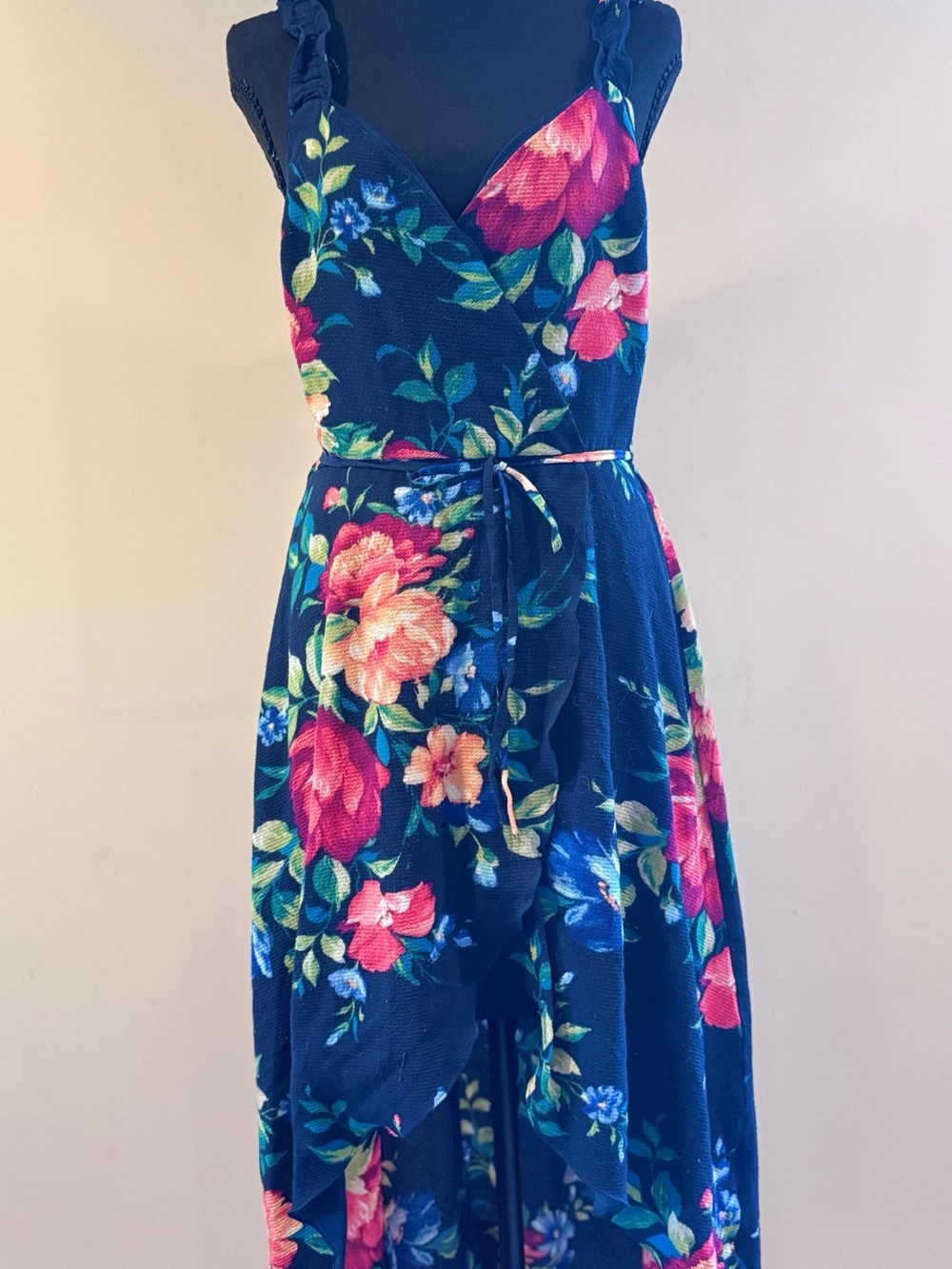 A. Byer Navy Vibrant Floral High-Low Ruffle Wrap Dress